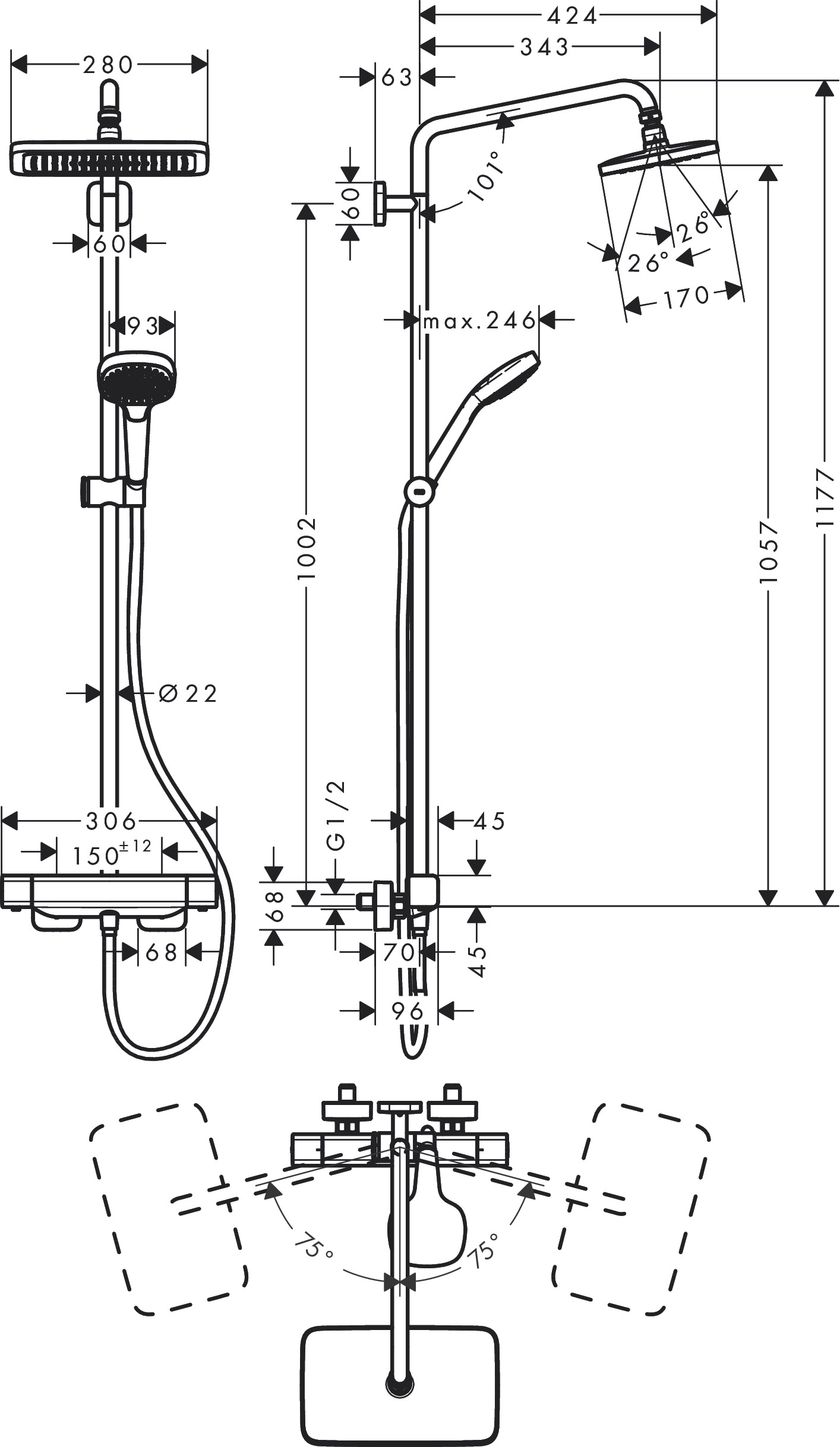 Hansgrohe Showerpipe Croma E 280 1jet chrom mit Brausethermostat Hansgrohe Showerpipe Croma E 280 1jet chrom mit Brausethermostat