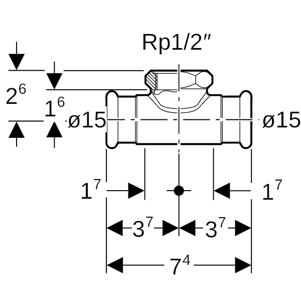 Geberit Mapress Kupfer T-Stück mit IG (Gas) d15-Rp1/2-15