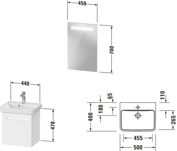 Duravit No.1 Möbel-Set 500x390mm, WT,WTU m.Türanschl. L,Spiegel, Weiß Matt
