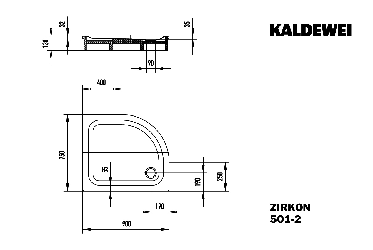 KA DW ZIRKON MIT WANNENTRÄGER Mod.501-2, 900x750mm,alpinweiß,PEFF,AS,m. WT