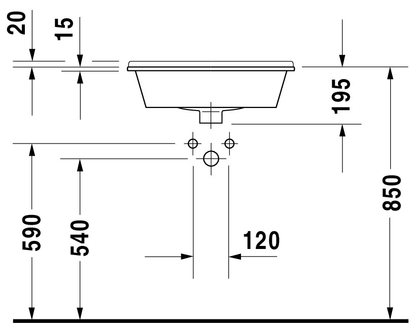 DU Einbauwaschtisch Starck 3 560 mm EB v.oben, m.ÜL, m.HLB, 1 HL, weiß