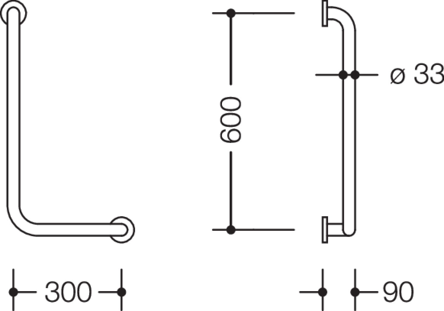 HEWI Winkelgriff Ser 805, Edelstahl, d:33mm, AM:600mm W:300mm re