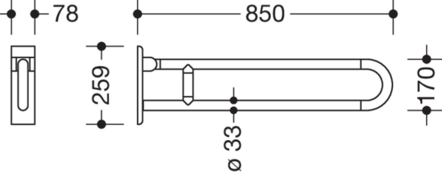 HEWI Stützklappgriff drehb. Ser 801, L:850mm, Stahlkern tiefschwarz