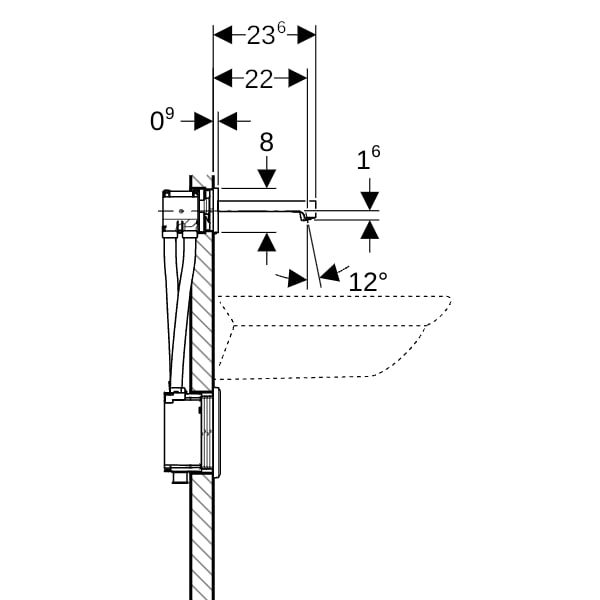 Geberit Brenta WT-Arm., Wandmontage, Batterie f. UP-Funkt.Box, Therm.Mi.,L:22cm, chrg