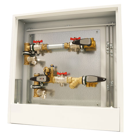 Flamco Mess-Station Aufputz, Anschluss links m. Strangregulierv, Schmutzf., 110mm PS Flamco Mess-Station Aufputz, Anschluss links m. Strangregulierv, Schmutzf., 110mm PS