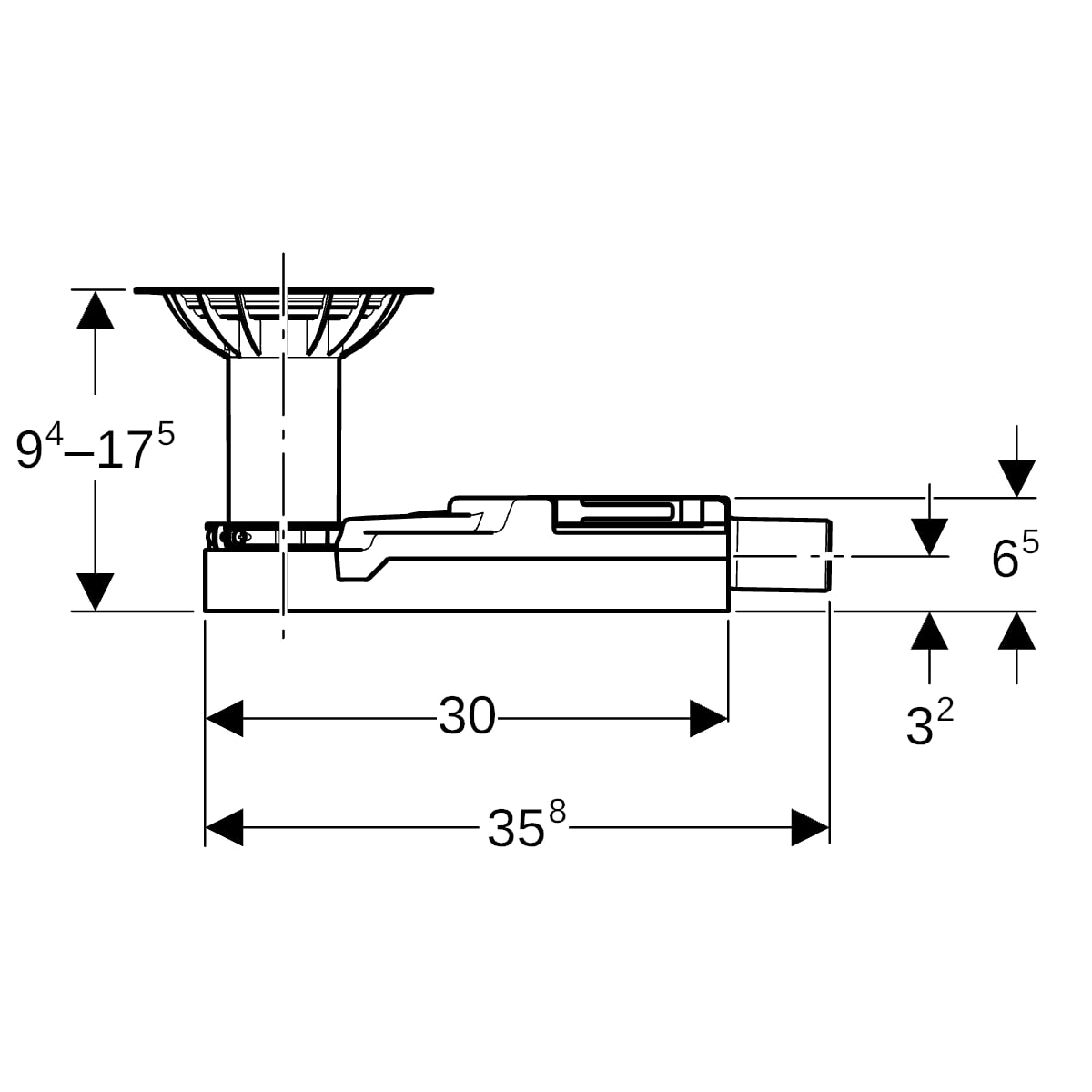 Geberit DBD-Abl. f. Bodenblg. Vinyl (PVC), Estrichhöhe am Einl. 94-114mm d=40mm
