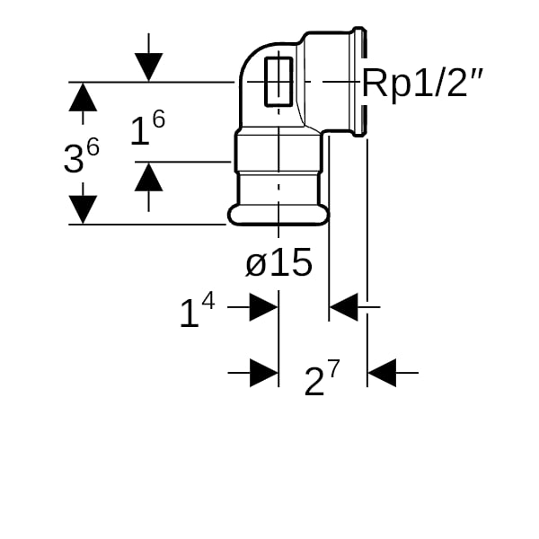 Geberit Mapress Kupfer Übergangswinkel 90Gr mit IG Rg d15-Rp1/2
