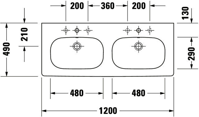 DU Möbel-Doppelwaschtisch D-Code 1200 mm mit ÜL, mit HLB, 1 HL pro Becken, weiß