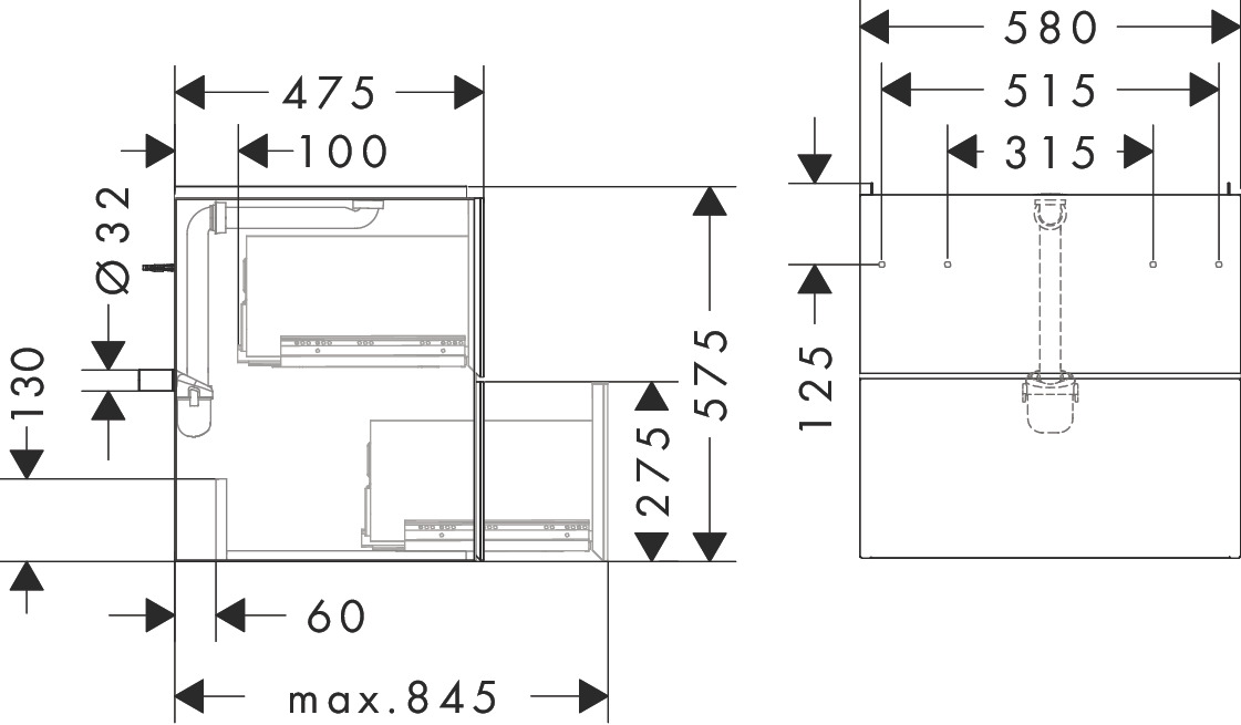 Hansgrohe Waschtischunterschrank Xevolos E Sbma 580/475mm mit 2 Schubkästen für WT BZs