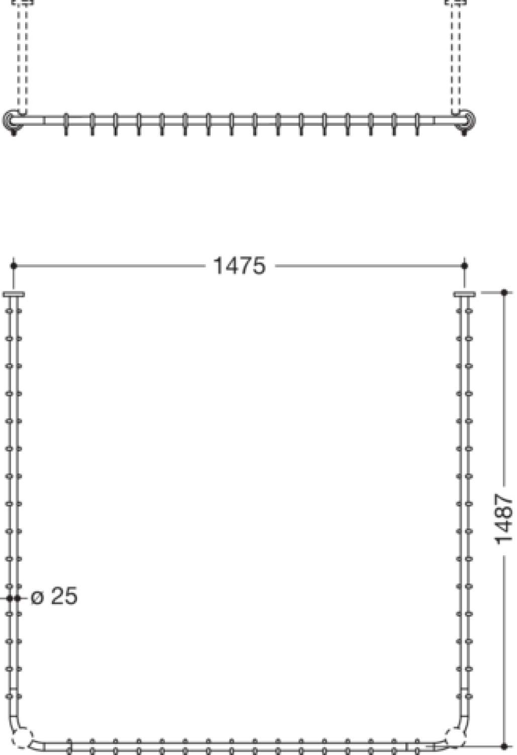 HEWI VH-Stange,d:25,A1/A3=1487, A2=1465, 46 Ringe, chrom