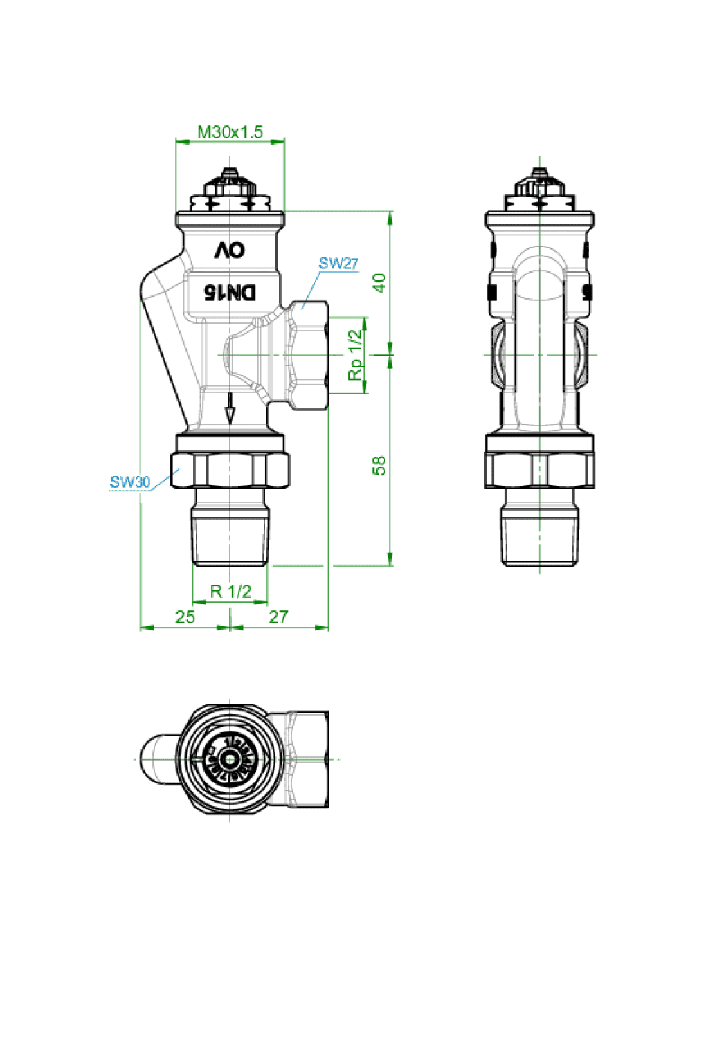 OVENTROP-Thermostatventil "AV 9" DN15, R 1/2", PN10, Axial