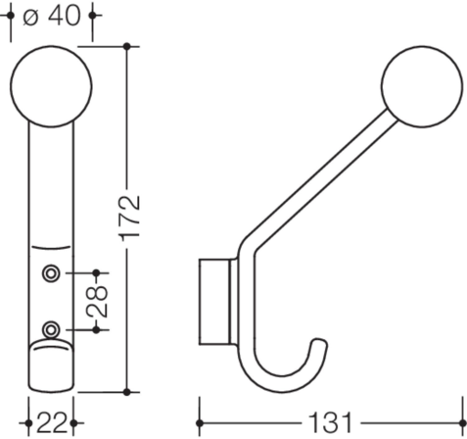 HEWI Garderobenhaken Ser 477, matt, H:174, T:132, m. Kugel anthrazitgrau