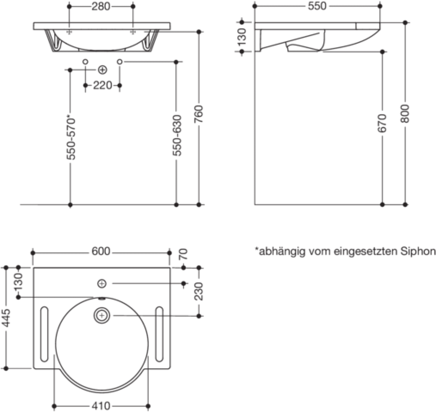 HEWI Waschtisch mit Griffmulden 600 x 550mm, mit Überlauf, 1 Hahnloch
