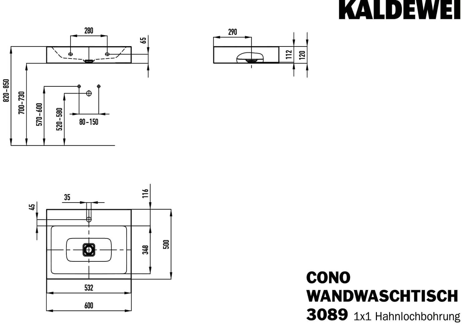KA WB CONO WANDWASCHTISCH Mod.3089,600x 500mm,alpinweiß,PEFF,AD,m. 1HL,oÜL
