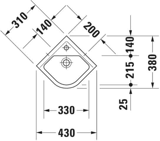 DU Eck-Handwaschbecken Starck 3 430 mm mit ÜL, mit HLB, 1 HL, weiß