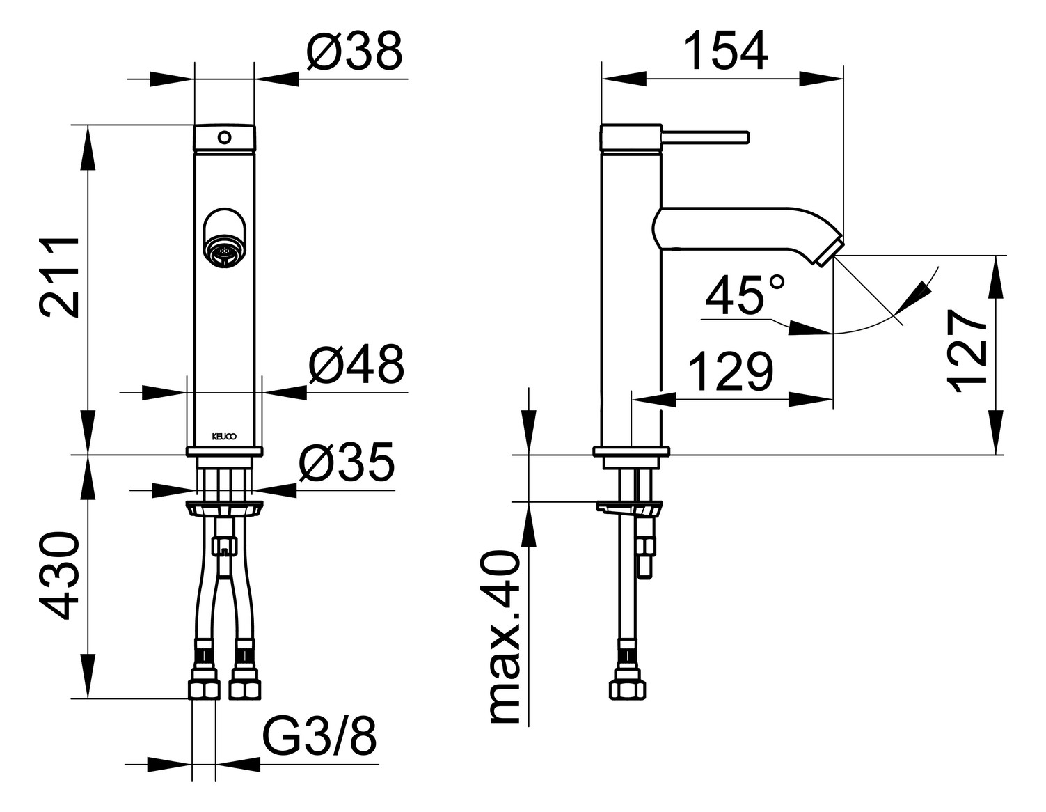 KEUCO EHM-WT-Mischer 130 IXMO 59501, o.Zug.-Ablgrt. Soft, Rosette rd. verchr.