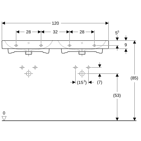 Geberit iCon Doppelwaschtisch, 120x48,5cm m. Hl., m. Ül., weiß