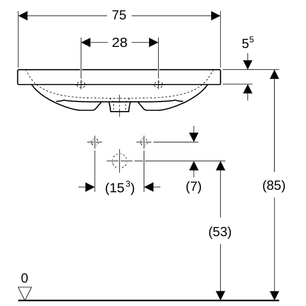Geberit iCon Light WT 75x42cm, verk. Ausld. mit Hahnloch, mit Ül., weiß, KeraTect