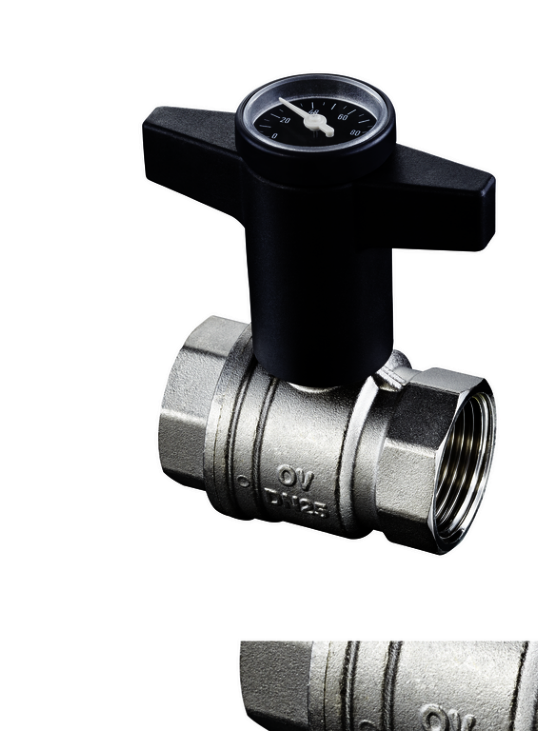 OVENTROP-Kugelhahn "Optibal" mit Thermometer, Knebelgriff, beids. IG 3/8"