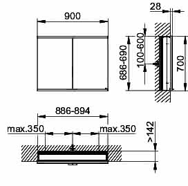 KEUCO Royal Modular 2.0 SPS, bel. 80021, Einb,2Steckd,sb-elox,900x700x160mm