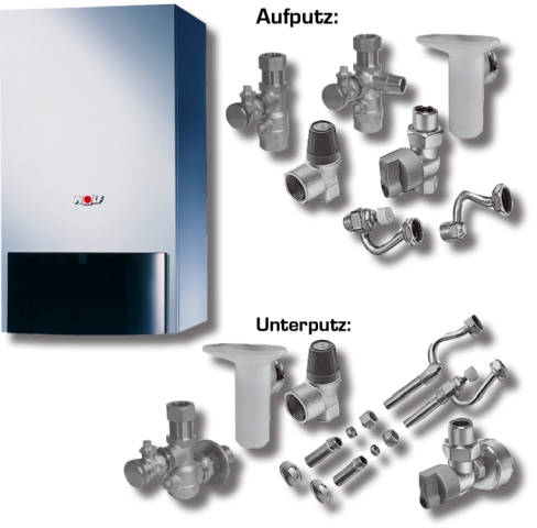 Wolf Paket Heizwerttherme CGU-2K-18 Erdgas LL, RM-2, Anschluss-Set Aufputz