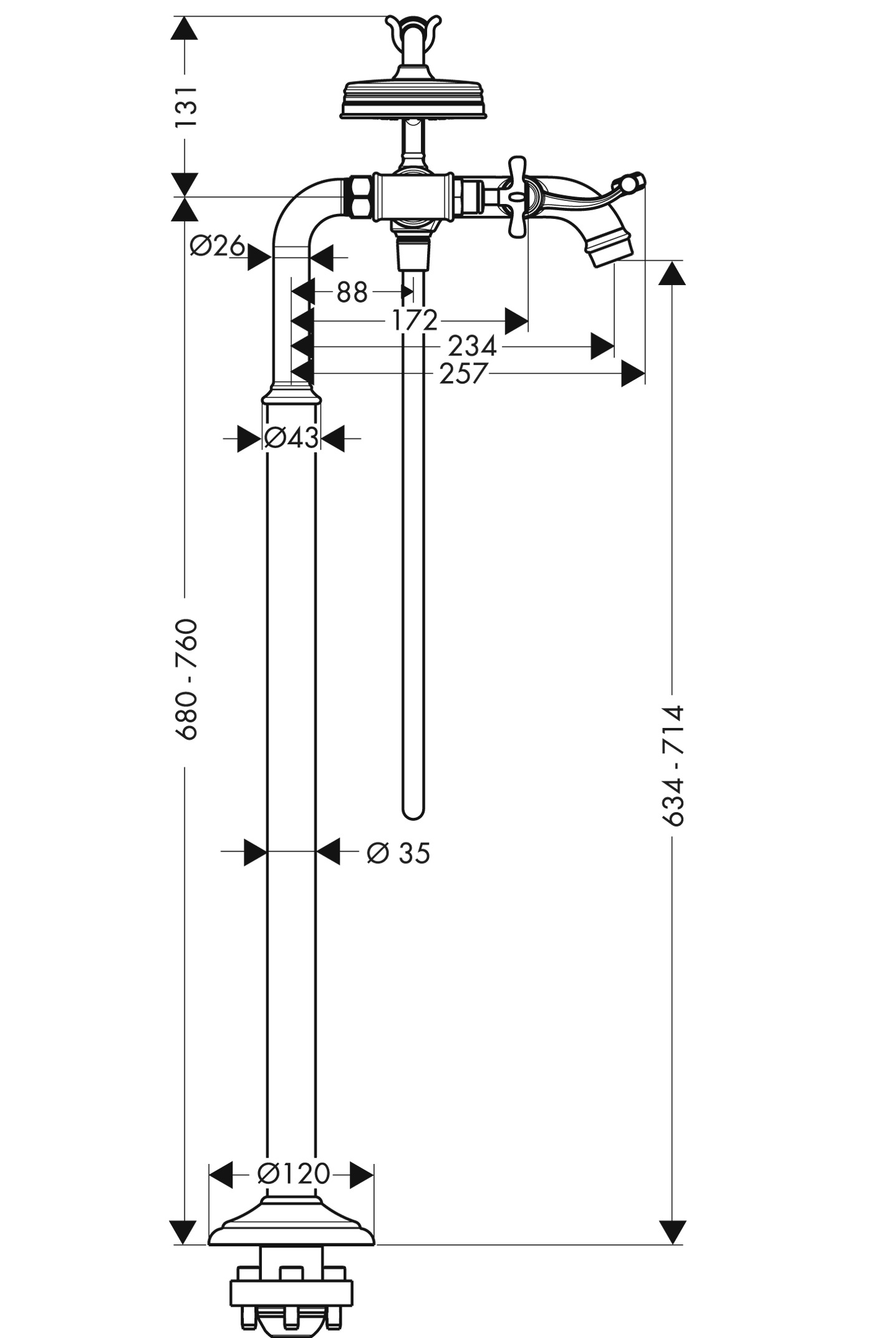 Hansgrohe Zweigriff Wannenarmatur Axor Montreux Fertigset chrom zur Bodenmontage