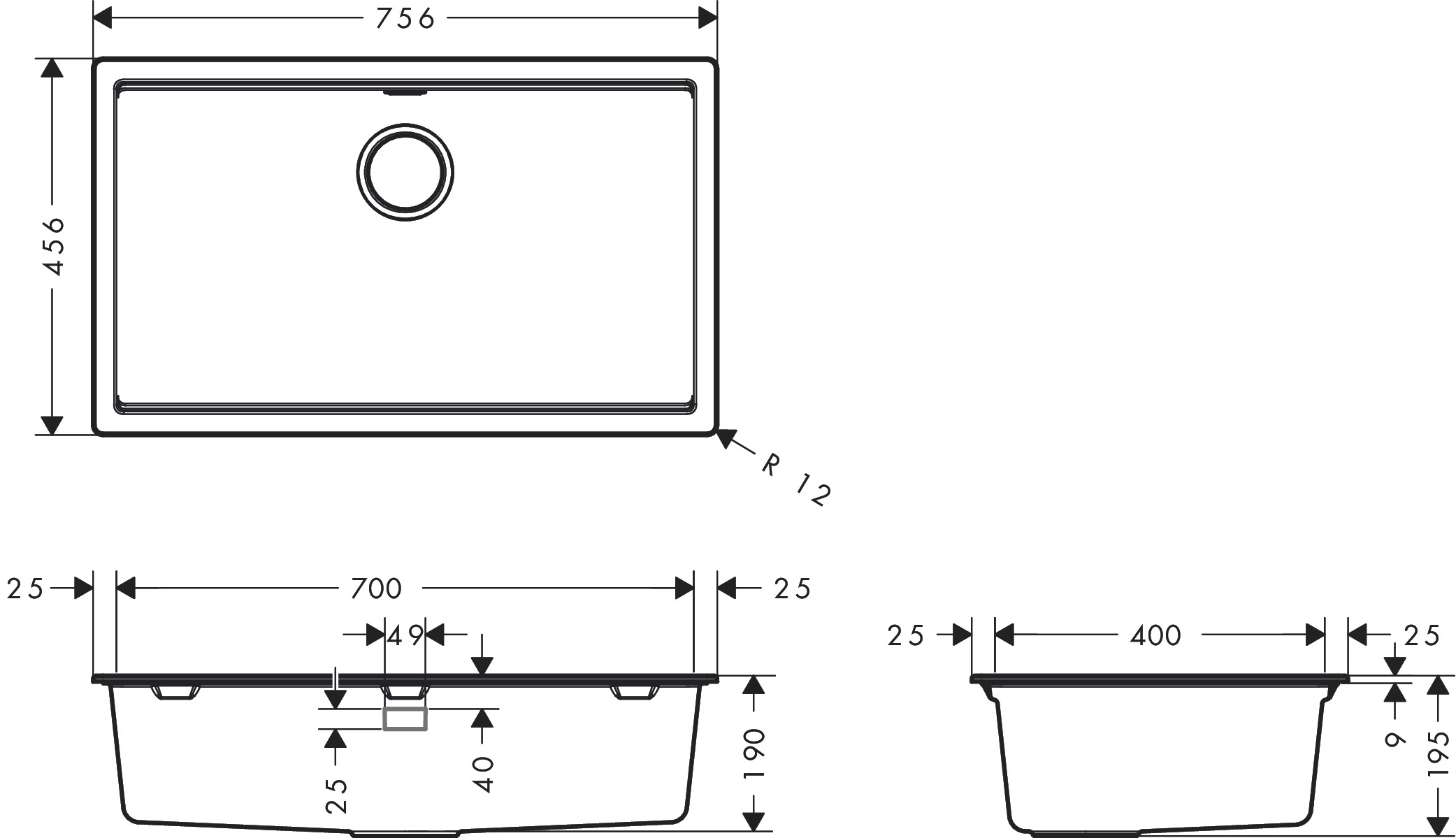Hansgrohe Unterbauspüle S530-U700  manuelle Ablaufgarnitur graphitschwarz