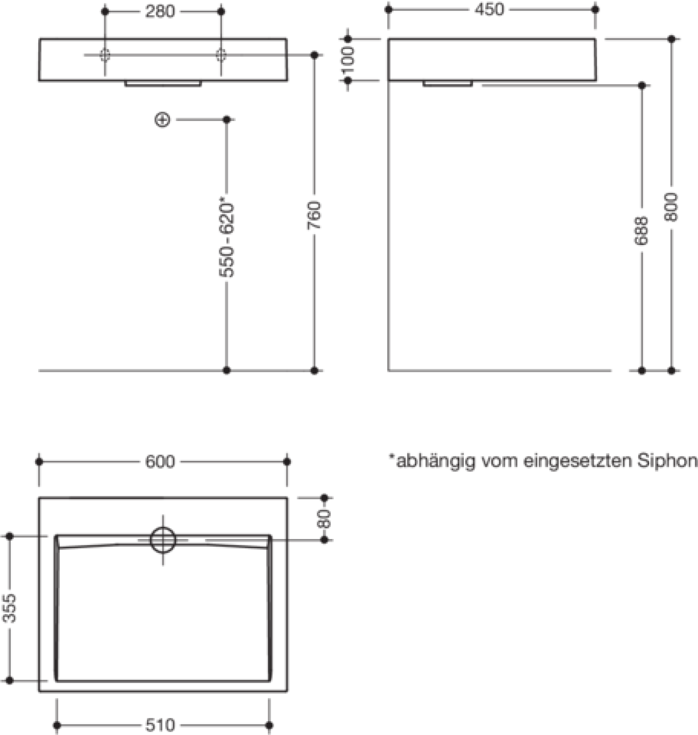 HEWI Waschtisch, B:600mm, T:450mm, alpinweiß, ohne Überlauf, ohne Lochbrg.