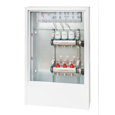 Flamco Verteilerstation für FBH, 5 HK m. Regelung, vormont. in AP-Schrank Exkl Flamco Verteilerstation für FBH, 5 HK m. Regelung, vormont. in AP-Schrank Exkl