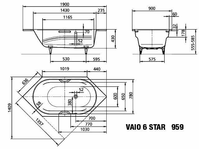 KA BW VAIO 6 STAR Mod.959,1900x900mm, alpinweiß,Antislip