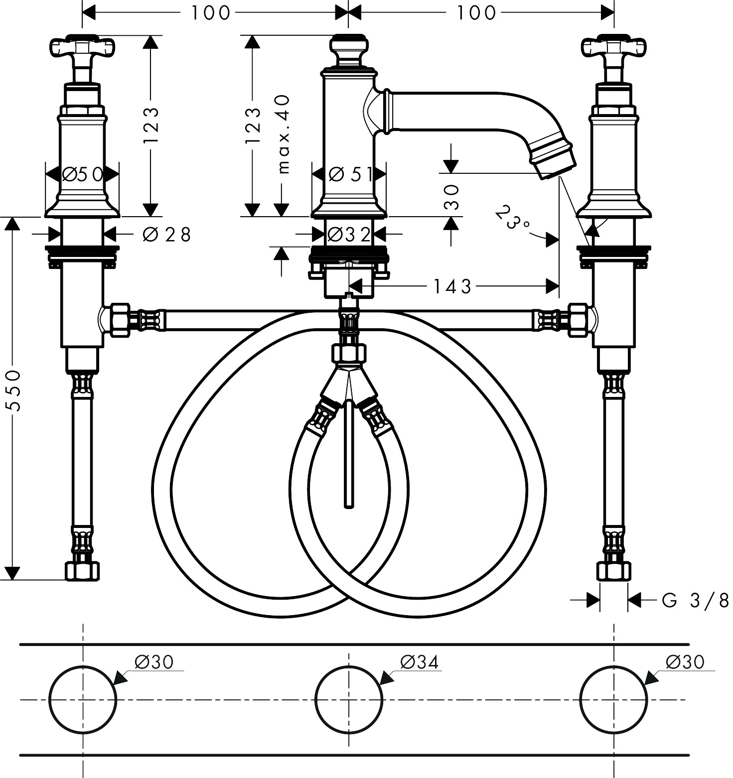 Hansgrohe 3-Loch Waschtischarmatur 30 Axor Montreux Kreuzgriff chrom