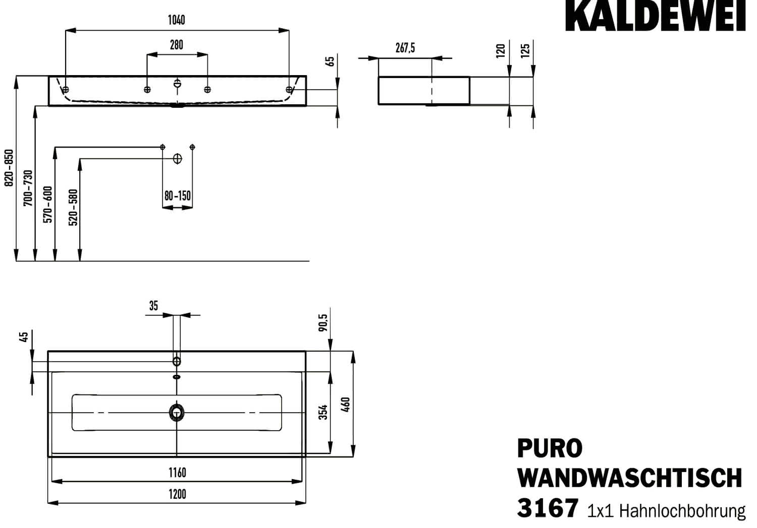 KA WB PURO WANDWASCHTISCH Mod.3167,1200x 460mm,alpwm,PEFF,AD,m. 1HL,mÜL,chr