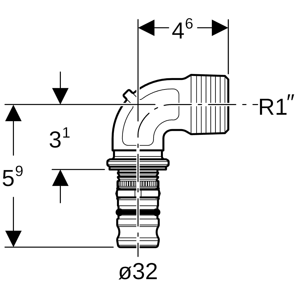 Geberit Mepla Übergangsbogen 90Gr mit AG Rg d32-R1