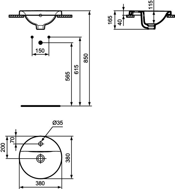 IS Einbauwaschtisch Connect, rund, 1Hl., m.Ül., 380x380x165mm, Weiß