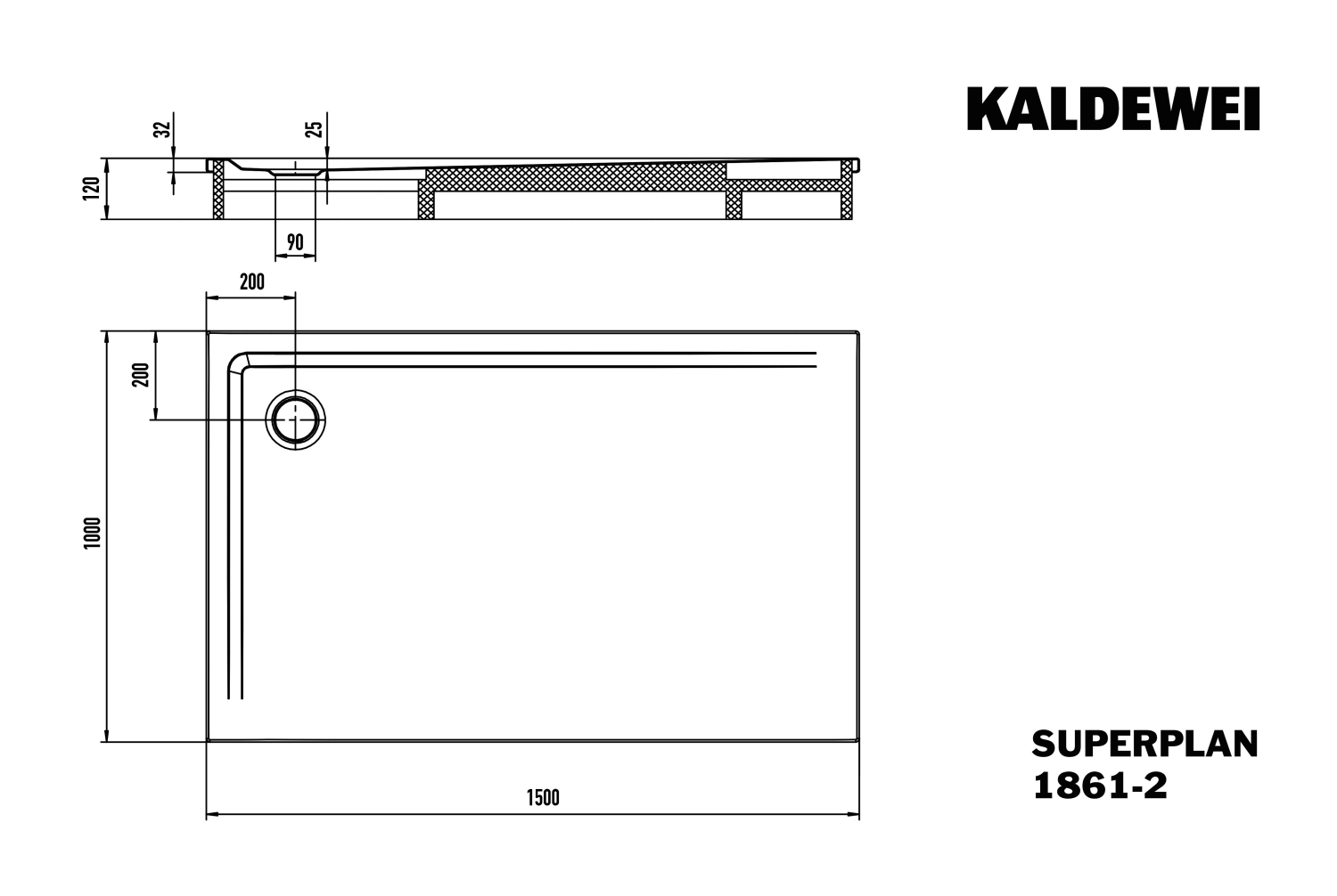 KA DW SUPERPLAN mit Wannenträger Mod. 1861-2,1000x1500mm,alpinweiß,m. WT