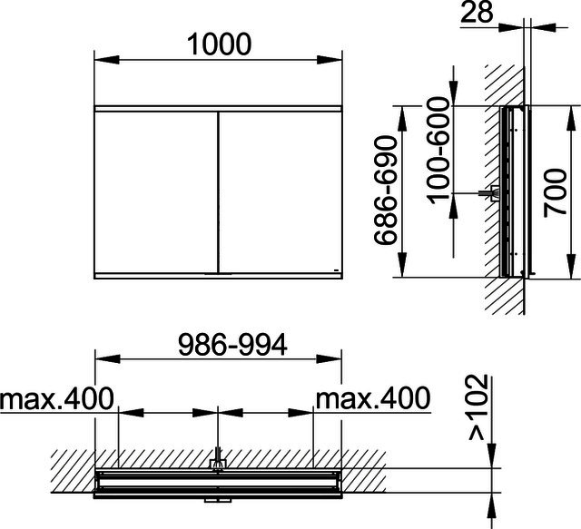 KEUCO Royal Modular 2.0 SPS, unbel. 80020, Einb,oSteckd,sb-elox,1000x700x120mm