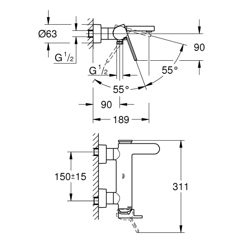 GROHE EH-Wannenbatterie Plus 33553_3 Wandmontage supersteel