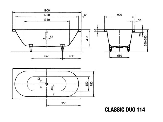 KA BW CLASSIC DUO Mod.114,1900x900mm, alpinweiß,Antislip