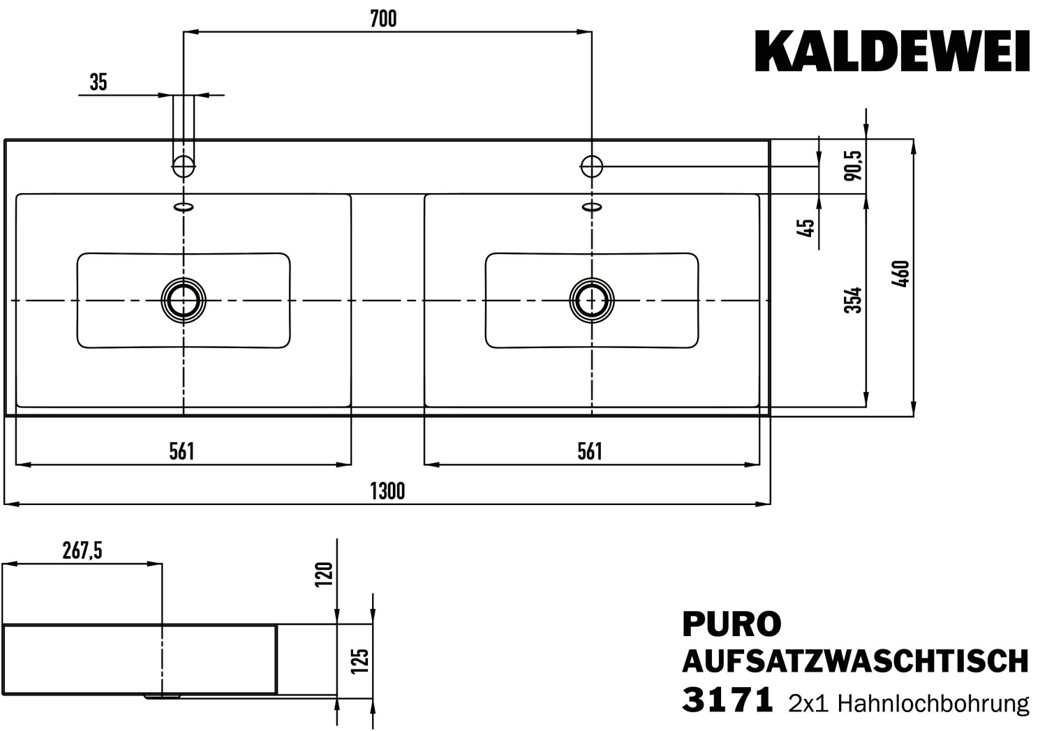 KA WB PURO Mod.3171,1300x460mm,alpwe, PEFF,AD,m. 2x1HL,mÜL,chr