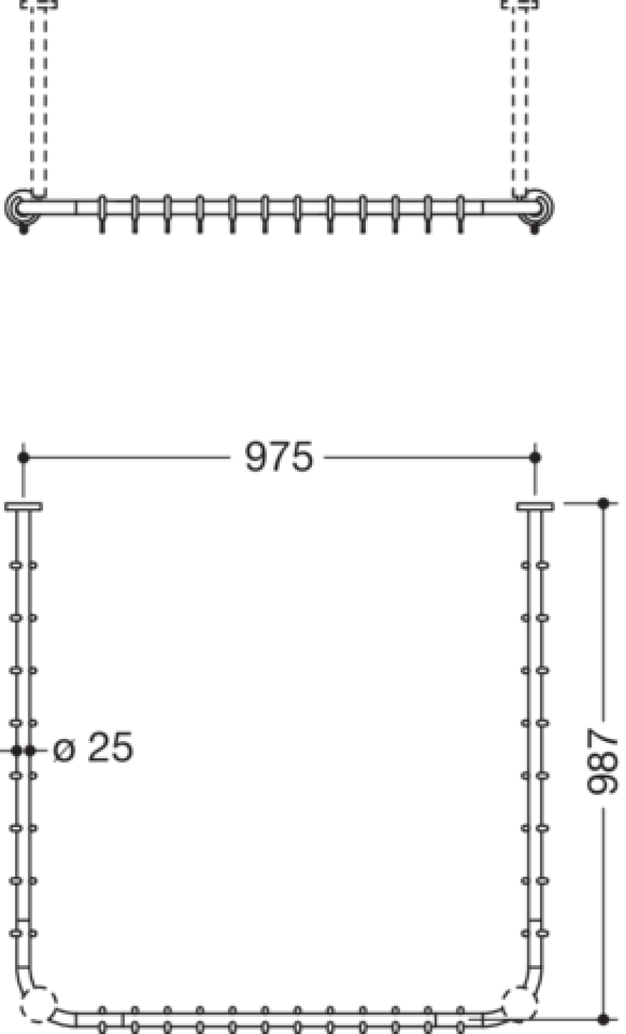 HEWI VH-Stange, d:25, A1/A3=987, A2=965, 28 Ringe, chrom