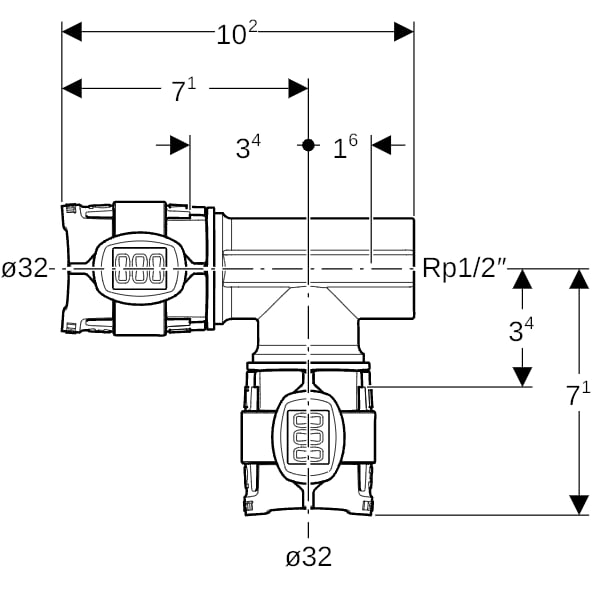 Geberit FlowFit T-Stück m. Innengewinde Seite Rg+ d32-32-Rp1/2