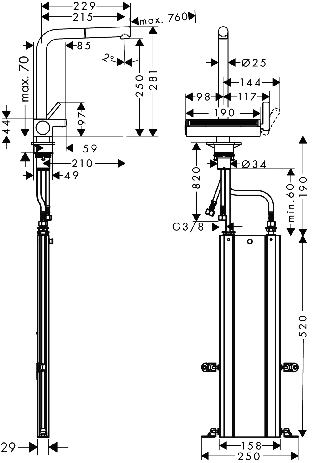 Hansgrohe Spültischmischer 250 Aquno Select M81 Ausziehauslauf 2jet sBox edelstahl-optik