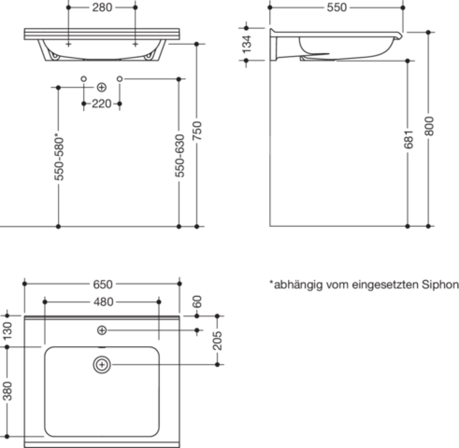 HEWI Waschtisch S-Form, modular mit Überlauf, 650x550mm, 1 HL