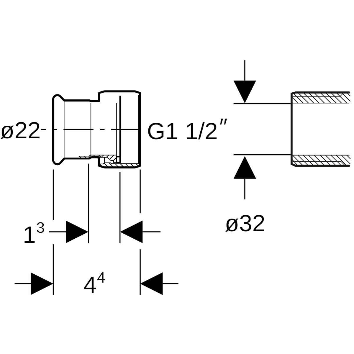 Geberit Mapress Edelstahl Übergang mit Überwurfmutter d22-G1 1/2