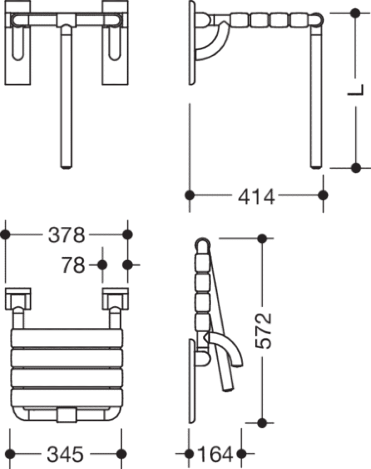 HEWI Klappsitz mit Bodenstütze Ser 801, B:378 mm, T:414 mm reinweiß