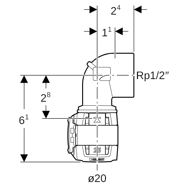 Geberit FlowFit Übergangsbogen 90Gr mit IG Rg+ 90Gr d20-Rp1/2