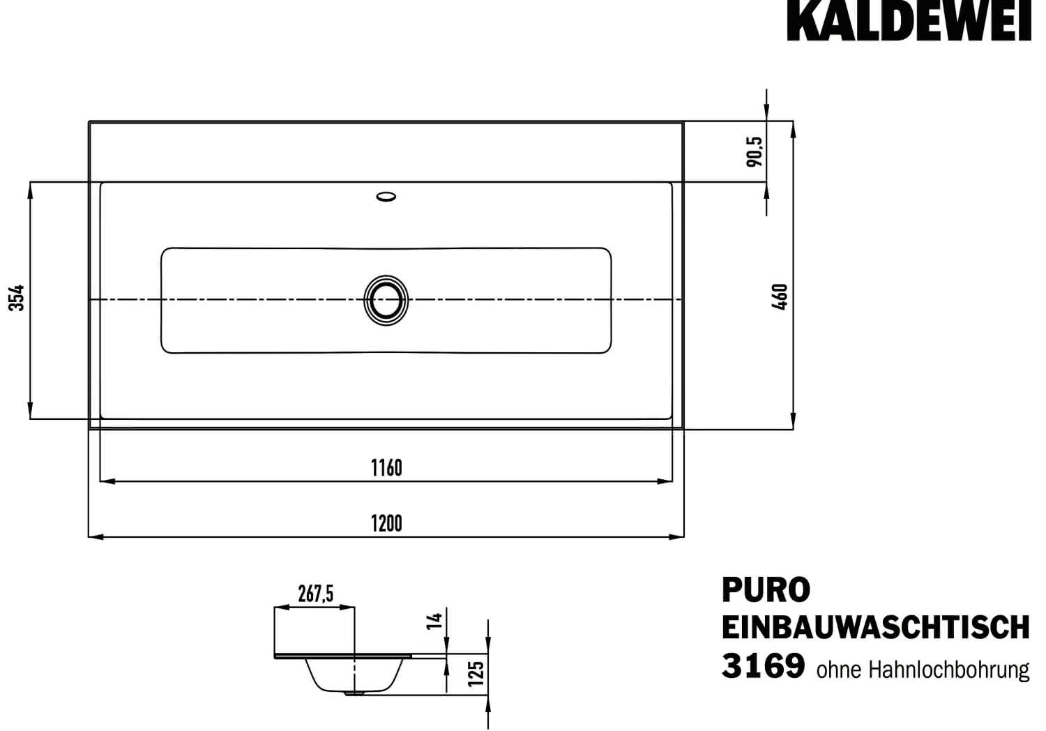 KA WB PURO EINBAUWASCHTISCH Mod.3169, 1200x460mm,alpinweiß,PEFF,AD,mÜL,chr