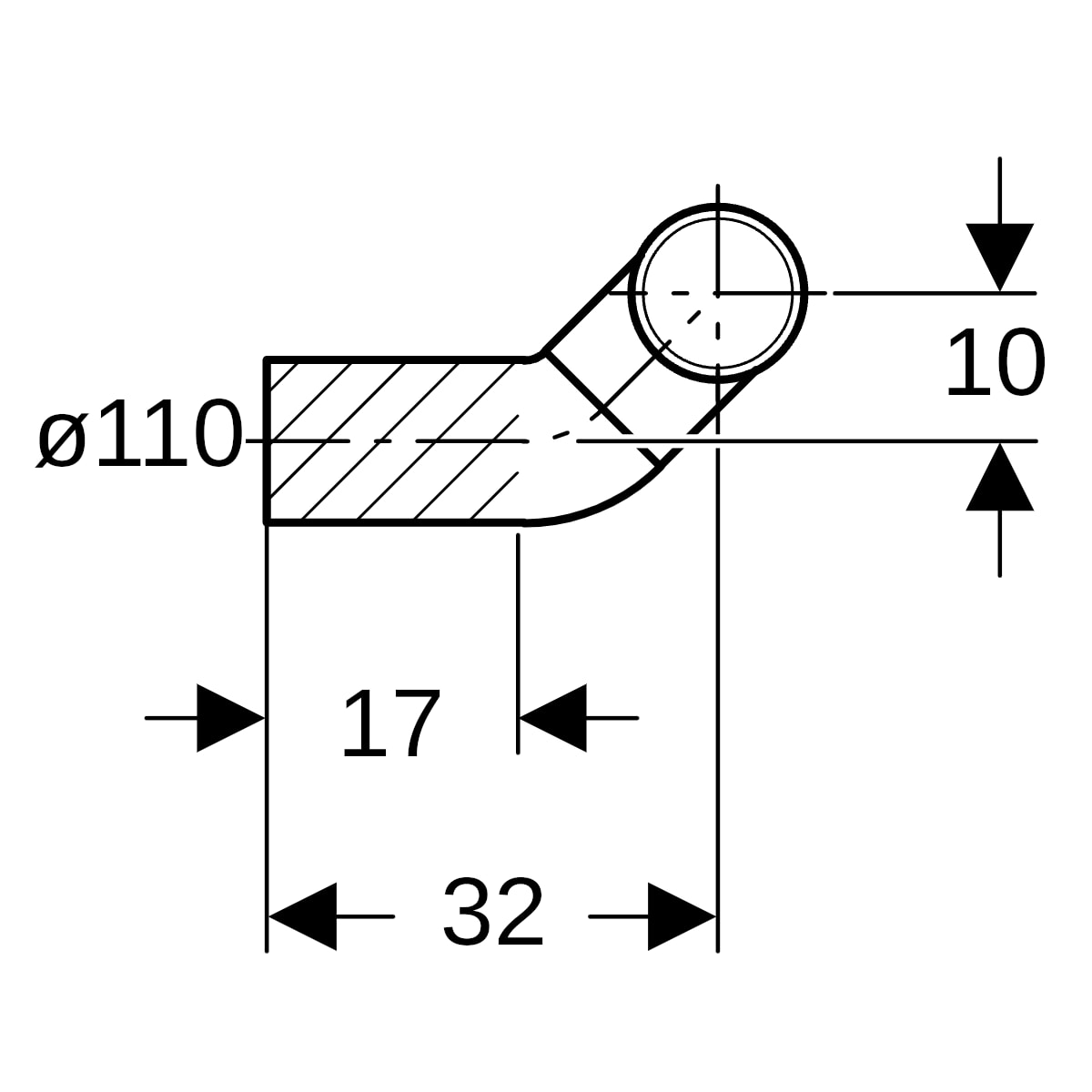 Geberit PE Anschlussbogen 90Gr für Wand-WC re. gekröpft mit Erweiterung d110/110