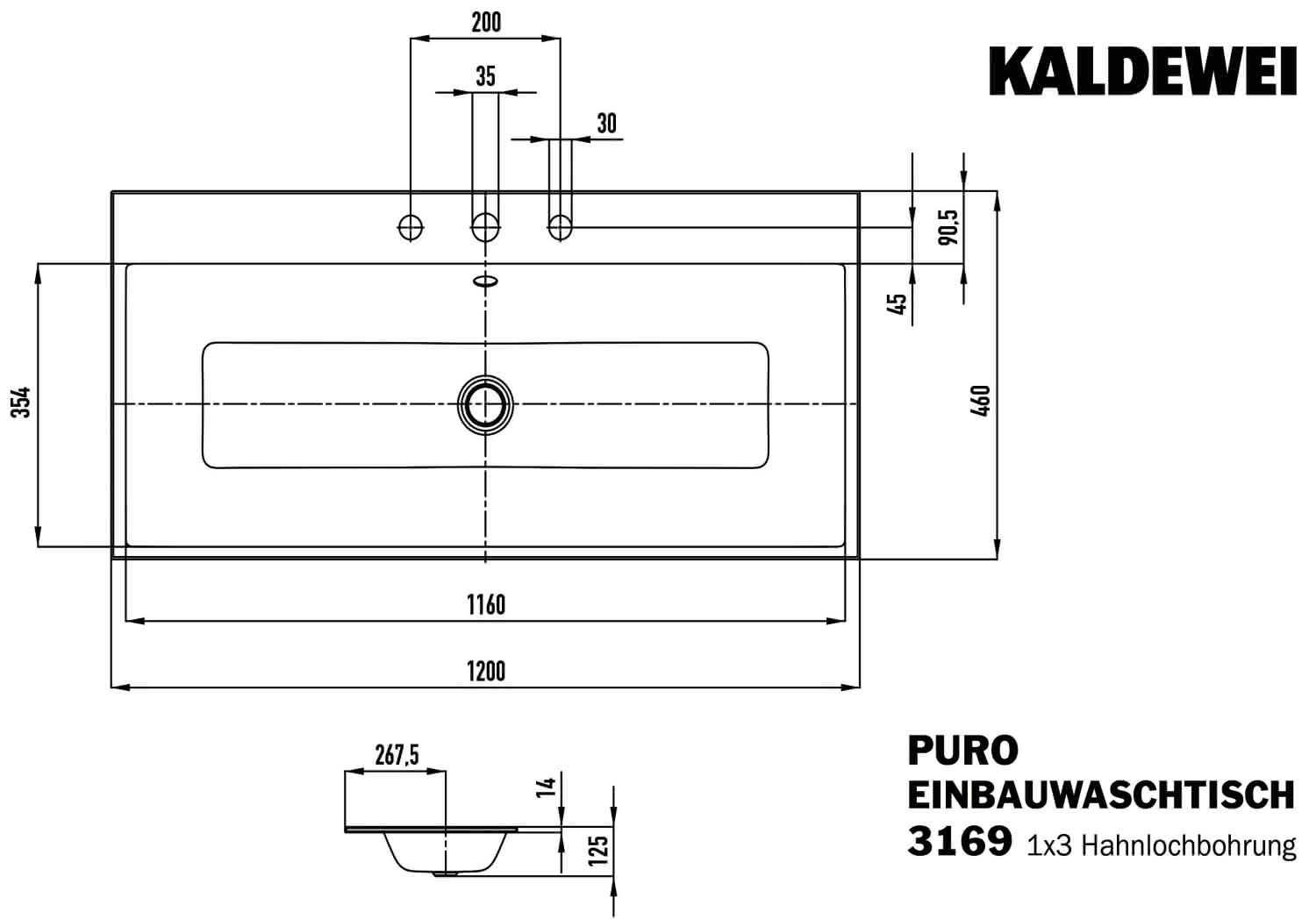 KA WB PURO EINBAUWASCHTISCH Mod.3169, 1200x460mm,alpwe,PEFF,AD,m. 3HL,mÜL,chr