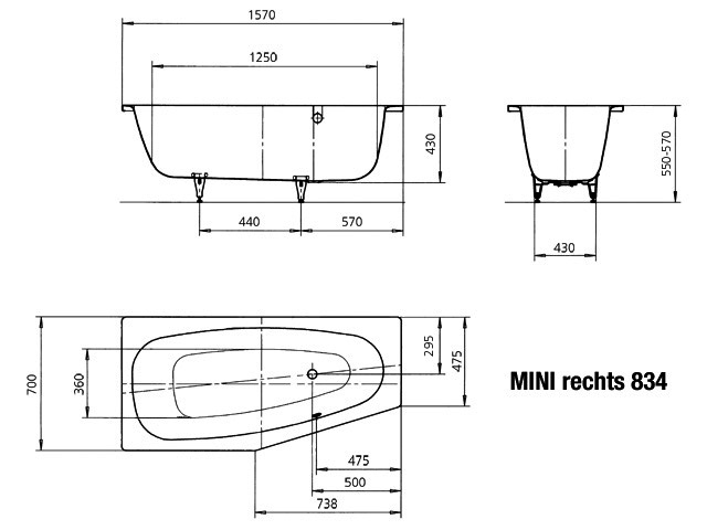 KA BW MINI RECHTS Mod.834,1570x700mm, alpinweiß,mit Vollantislip